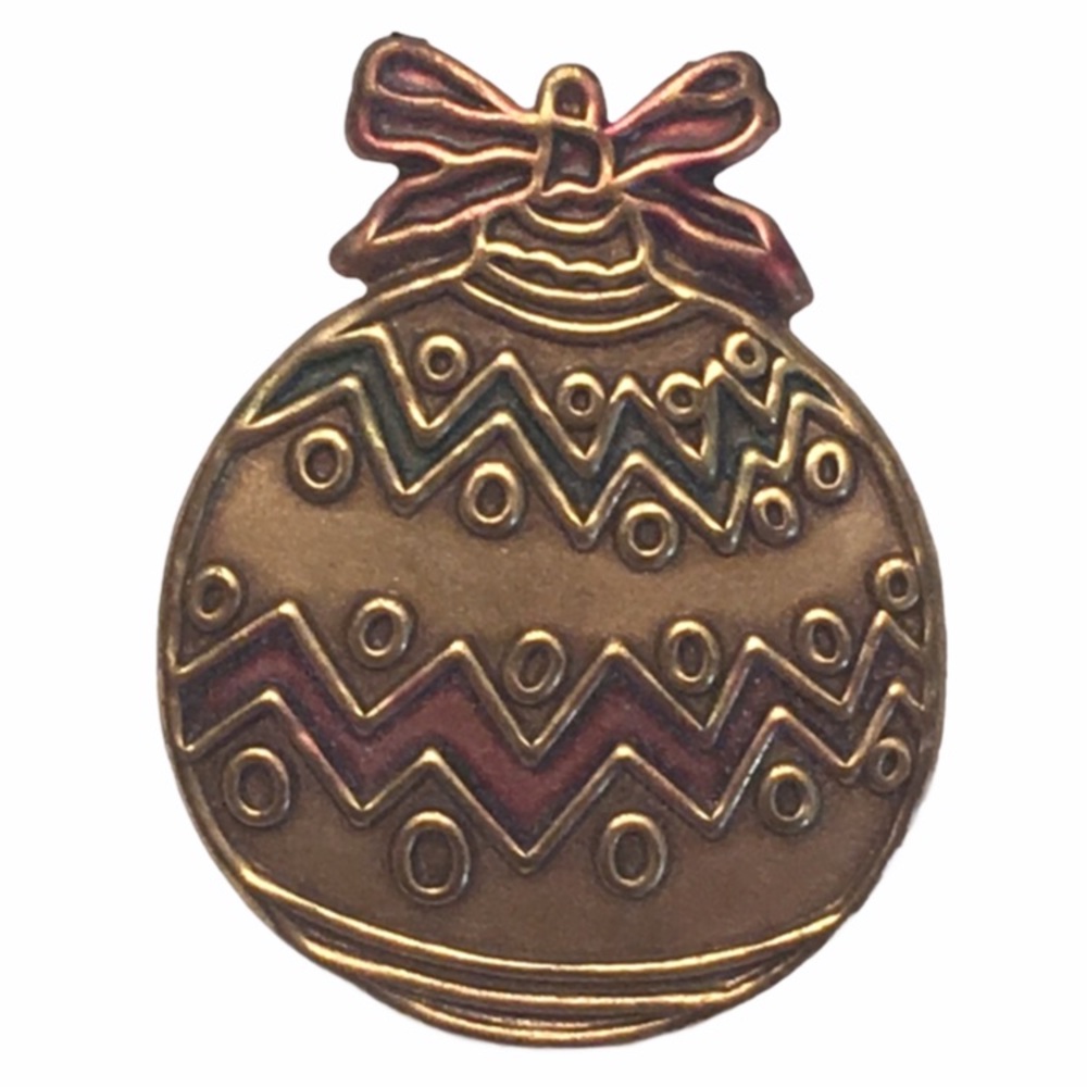 Christmas Ornament Brooch Pin Gold Tone Green Red